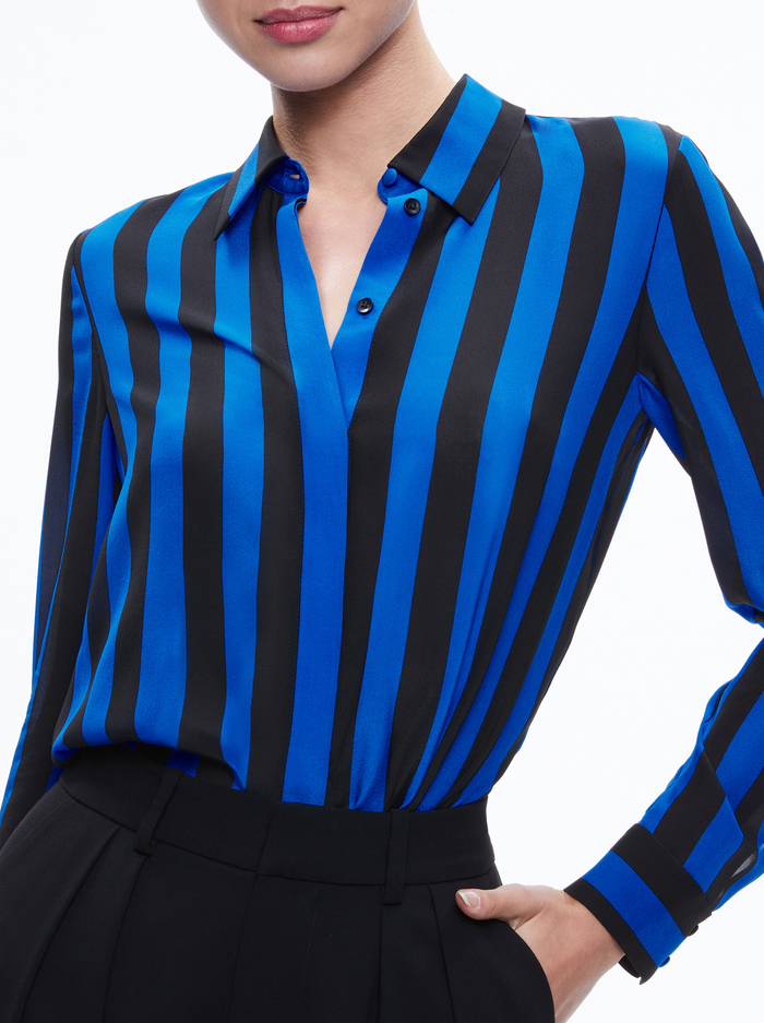 WILLA SILK BLOUSE - SAPPHIRE/BLACK STRIPE image 3 - ALICE + OLIVIA