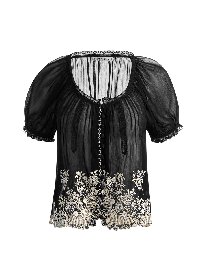 ODETTE EMRBOIDERED PUFF SLEEVE TOP - BLACK/VANILLA image 5 - ALICE + OLIVIA