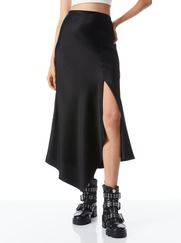 HARMONY DRAPEY ASYMMETRICAL MIDI SKIRT - BLACK - Alice And Olivia