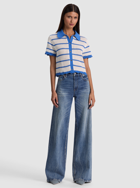 BLUE IRIS/WHITE-RANDALL POINTELLE POLO CARDIGAN
