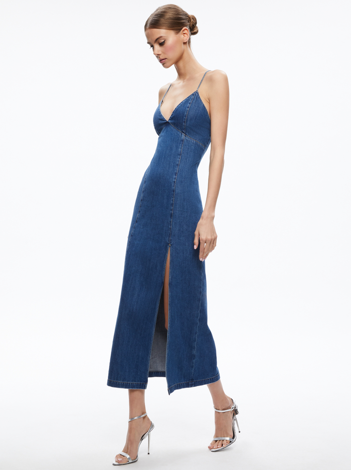 JULIETTA DENIM SLIP DRESS WITH SLIT - AVERY BLUE image 2 - Alice And Olivia