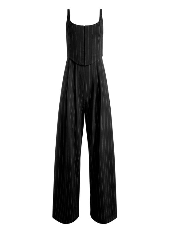 BLACK/OFF WHITE-REBECCA TAILORED VEST JUMPSUIT