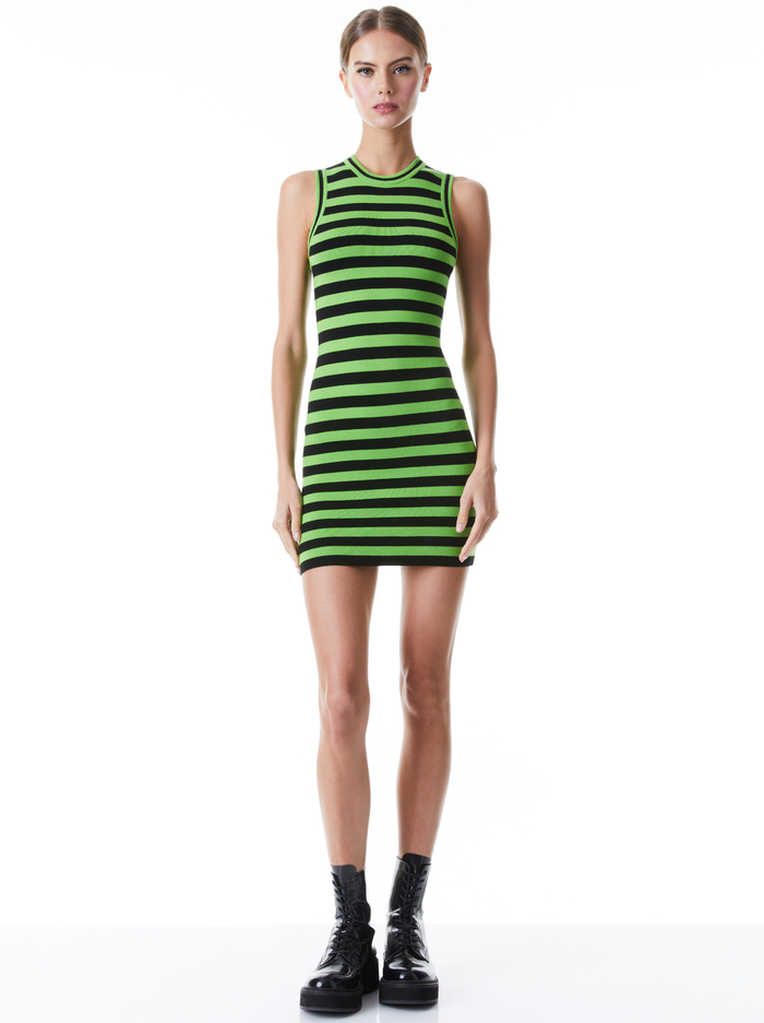 LANDI STRIPED MINI DRESS - PARROT/BLACK - Alice And Olivia