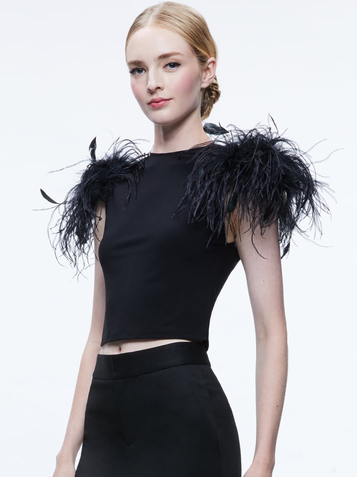 TAMICA FEATHER DETAIL TOP - BLACK - Alice And Olivia