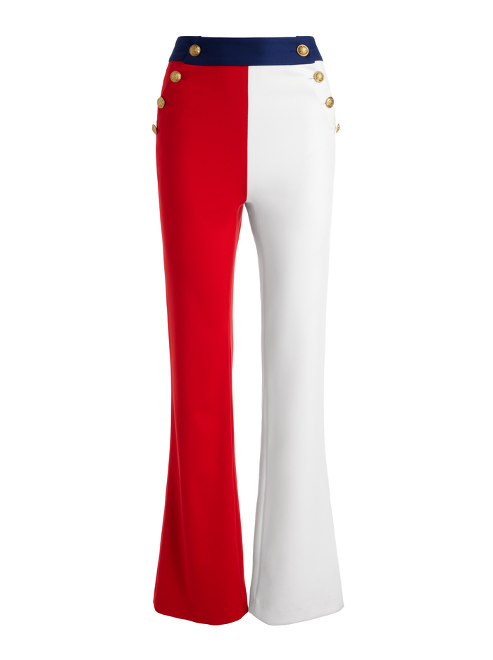 NARIN HIGH RISE BUTTON FRONT PANT - BRIGHT RUBY/OFF WHITE/INDIGO image 5 - Alice And Olivia