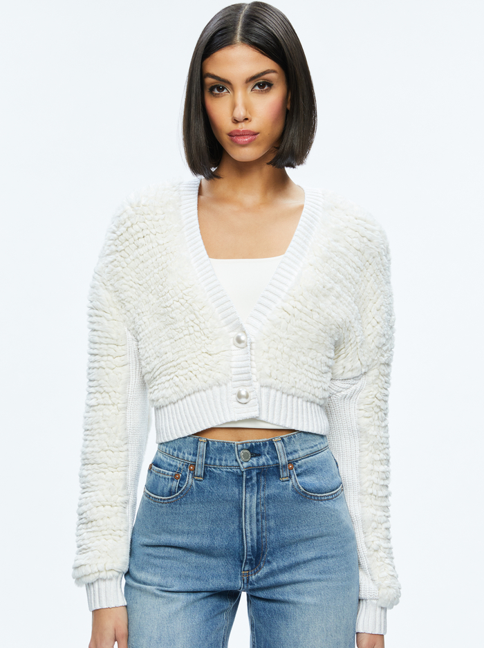 CASILDA FAUX FUR CROPPED CARDIGAN - SOFT WHITE - Alice And Olivia