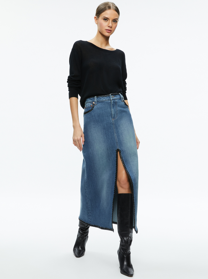 RYE DENIM MAXI SKIRT WITH VEGAN LEATHER - LOLA BLUE/BLACK image 4 - Alice And Olivia
