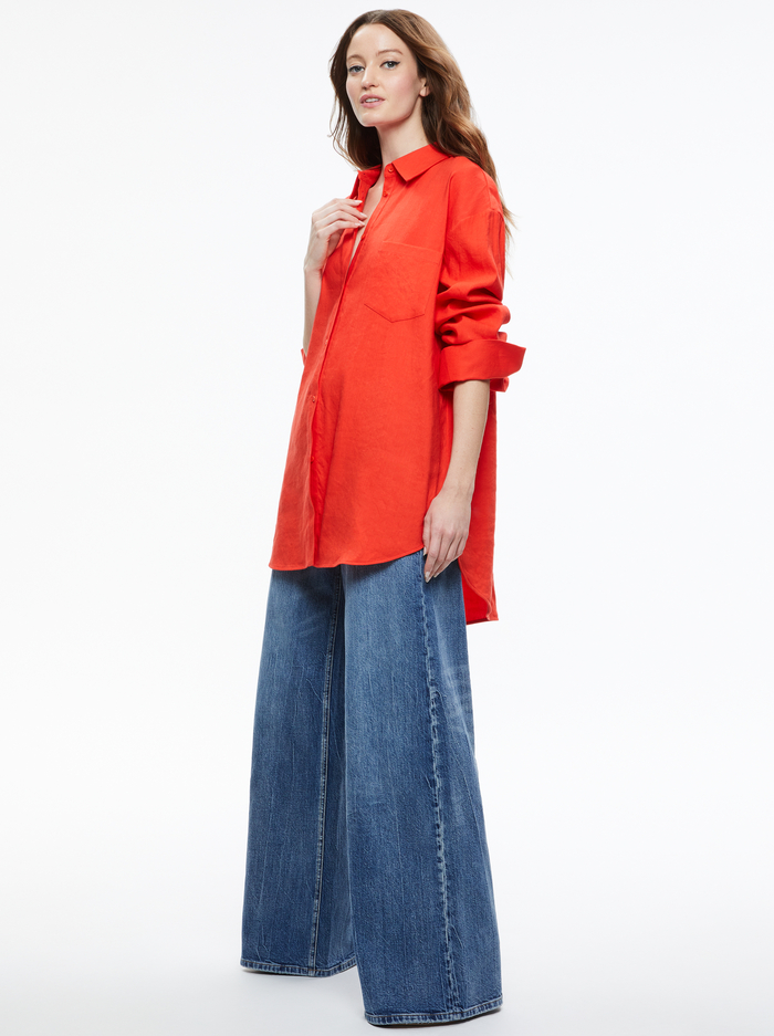 FINELY OVERSIZED LINEN BUTTON DOWN SHIRT - CHILI PEPPER image 5 - Alice And Olivia