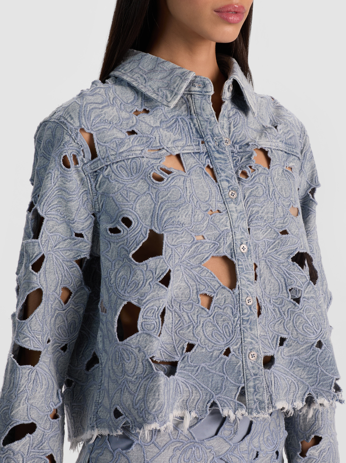 FINELY LASER-CUT DENIM SHIRT - ROCKSTAR BLUE image 3 - ALICE + OLIVIA