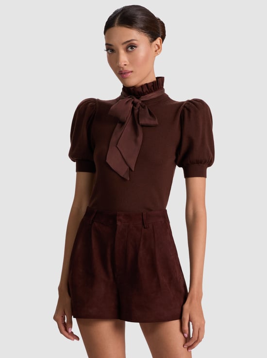 DARK CHOCOLATE-CHASE PUFF SLEEVE SWEATER