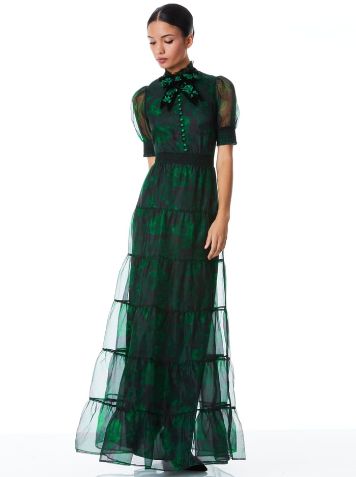 COLETTA VELVET BOW NECK BUTTON FRONT MAXI DRESS - DREAM FLORAL EMERALD image 4 - Alice And Olivia