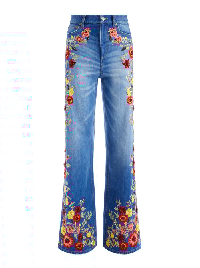 GORGEOUS EMBROIDERED WIDE LEG JEANS - PASADENA BLUE image 5 - Alice And Olivia