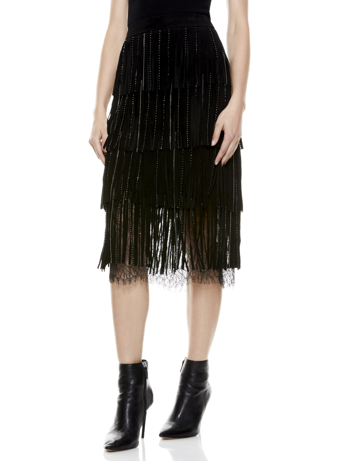 MISHA SUEDE FRINGE MIDI SKIRT - BLACK/ANTIQUE SILVER image 1 - Alice And Olivia