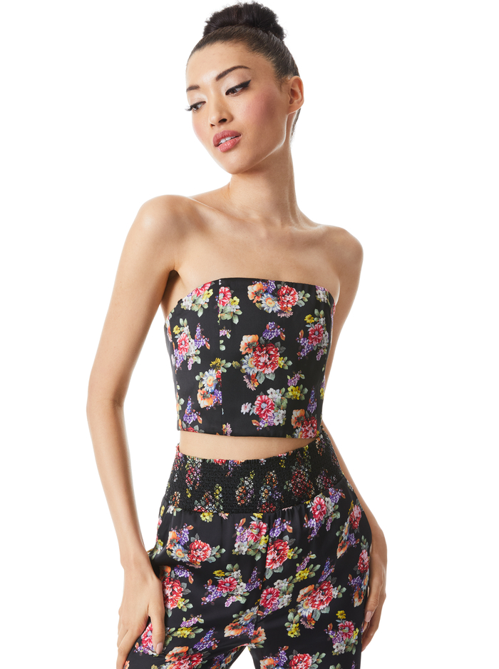 CERESI SMOCKED BACK BANDEAU TOP - MAGNOLIA FLORAL BLACK - Alice And Olivia
