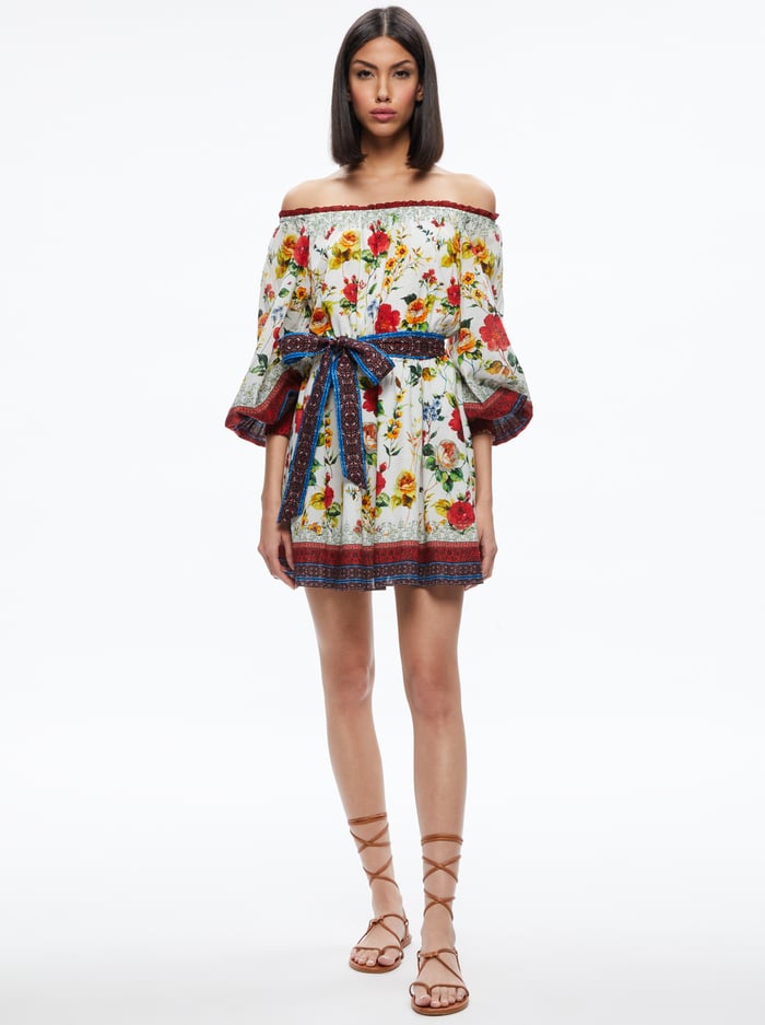 MARY OFF SHOULDER TIE BELT DRESS - DEW FLORAL - Alice And Olivia