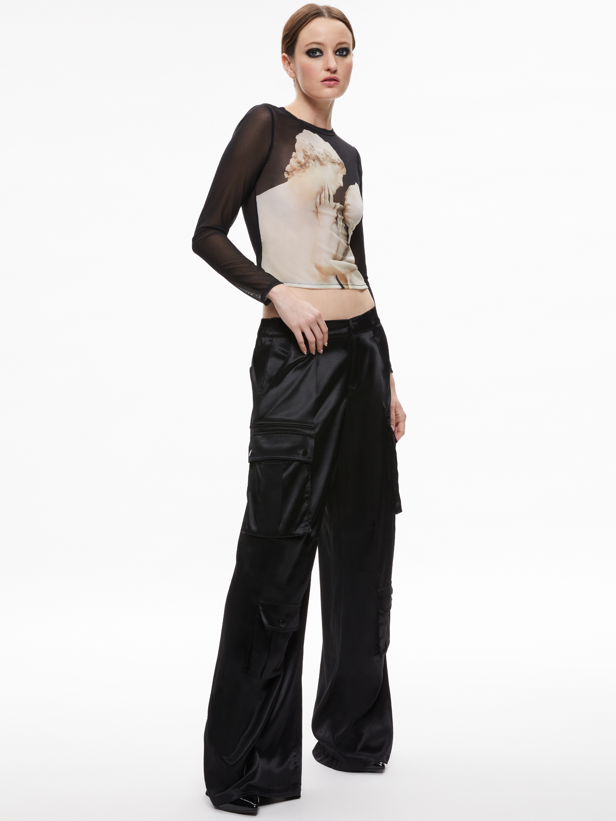 Delaina Mesh Long Sleeve Crop Top In Italian Romance Alice + Olivia