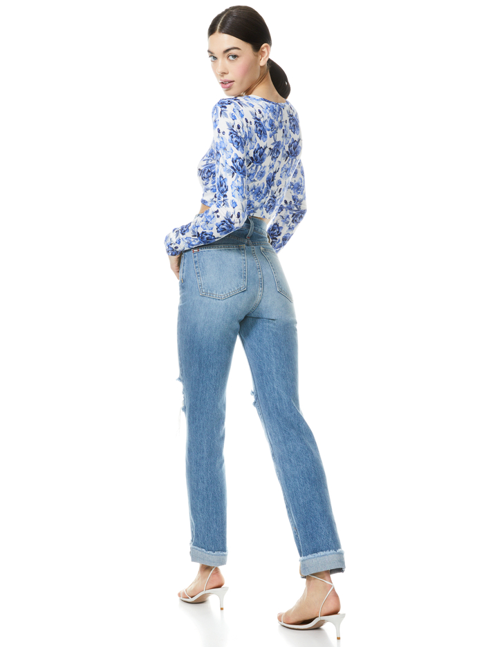 DELAINA FLORAL CREW NECK CROP TOP - FORGET ME NOT LG ANTIQUE WHITE image 1 - ALICE + OLIVIA