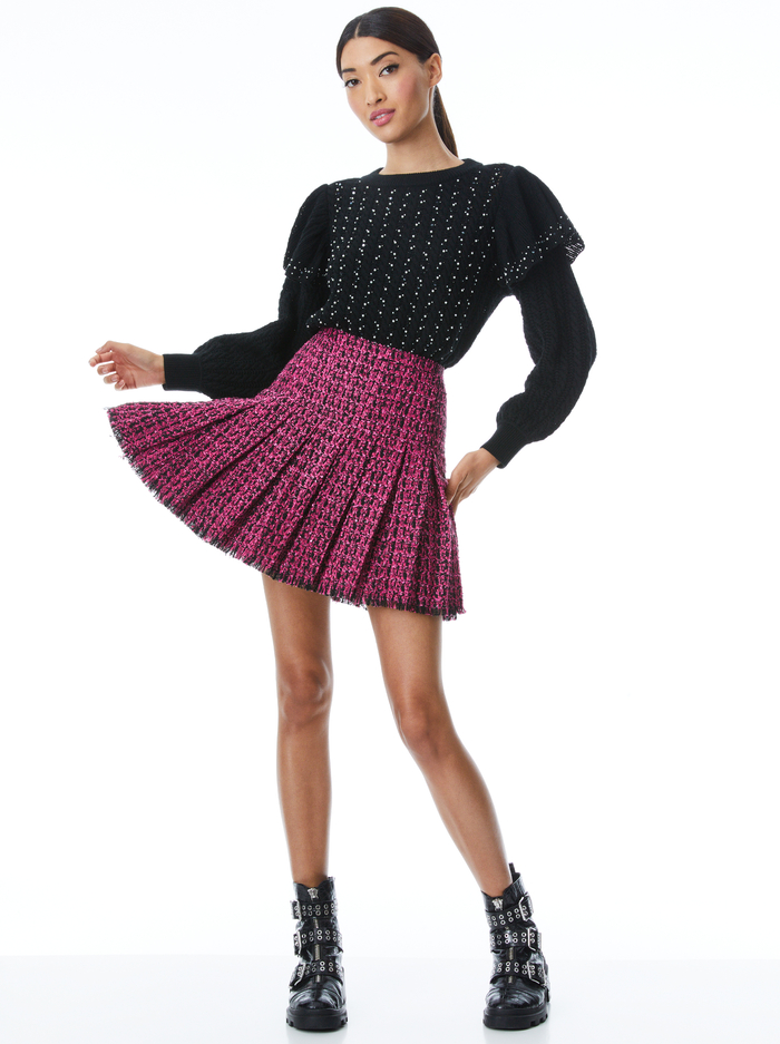EMILIE PLEATED TWEED MINI SKIRT - BLACK/WILD PINK image 4 - Alice And Olivia