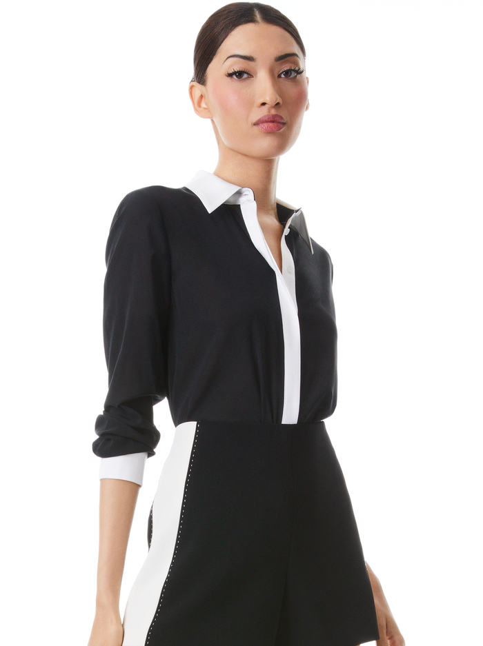 WILLA COMBINATION PLACKET TOP - BLACK/OFF WHITE - Alice And Olivia