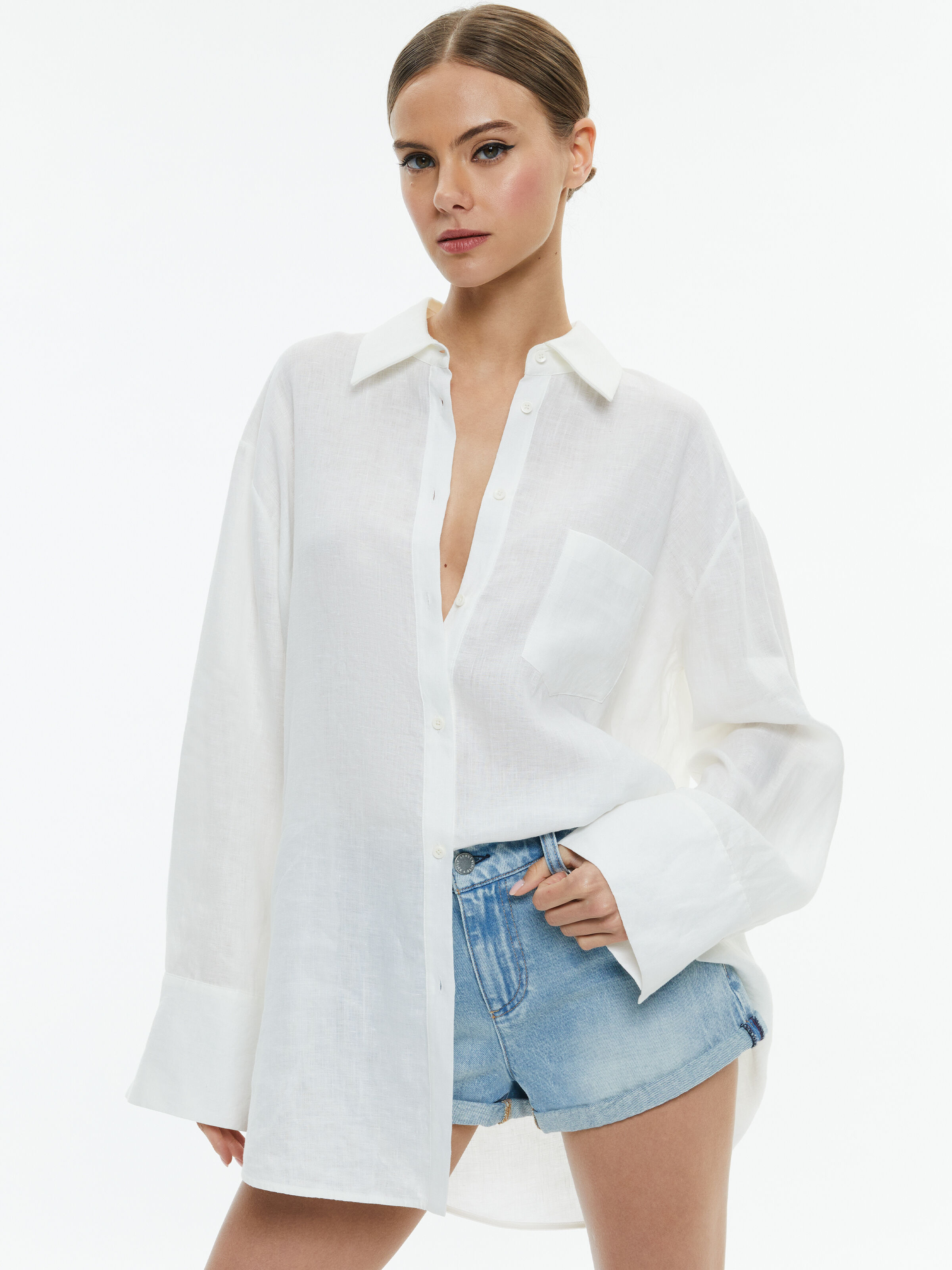 Finely Linen Oversized Button Down Shirt In Off White Alice Olivia
