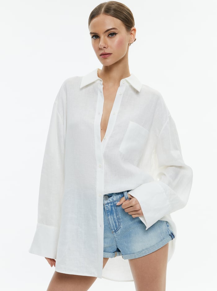 FINELY LINEN OVERSIZED BUTTON DOWN SHIRT - OFF WHITE - Alice And Olivia