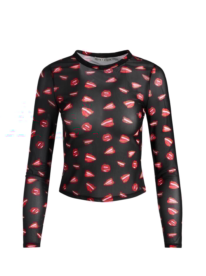 A+O X TOM WESSELMANN DELAINA MESH LONG SLEEVE TOP - LIP SYNC BLACK image 5 - Alice And Olivia