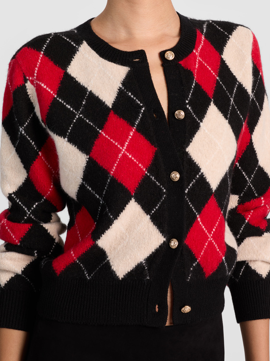 OATMEAL/BLACK/PERFECT RUBY-CAROLEE ARGYLE CARDIGAN