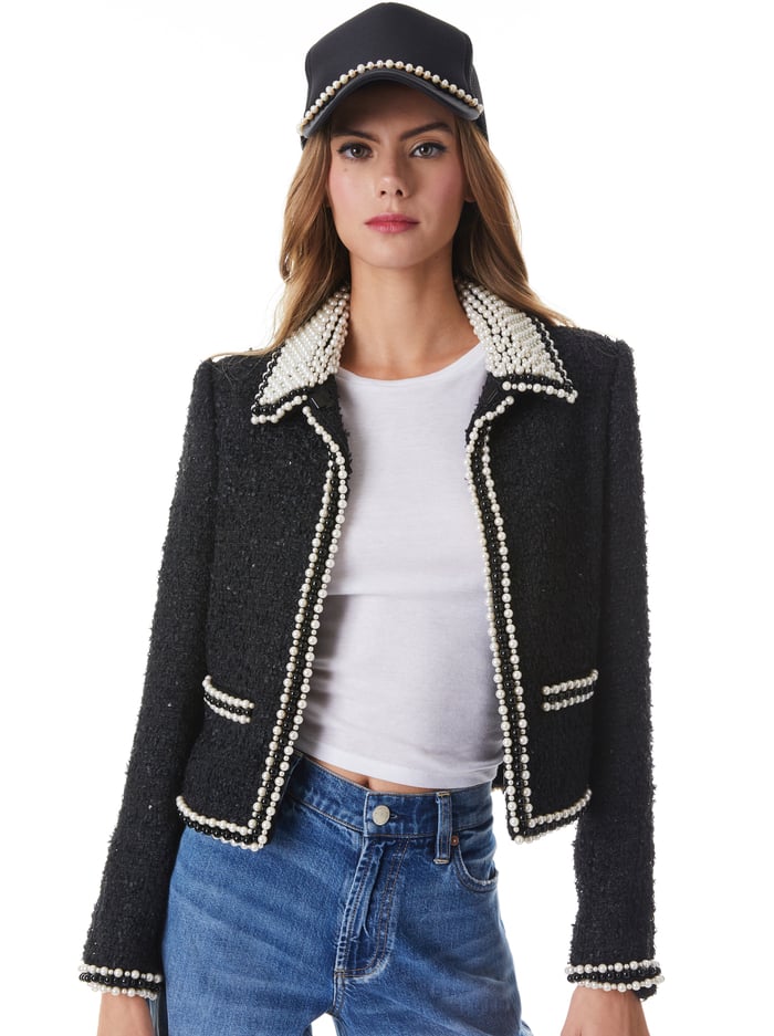 KIDMAN PEARL EMBELLISHED COLLARED JACKET - BLACK - Alice And Olivia