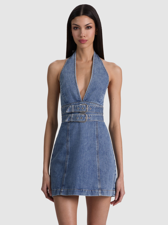 BROOKLYN BLUE-SOLANA BUCKLE DENIM HALTER MINI DRESS