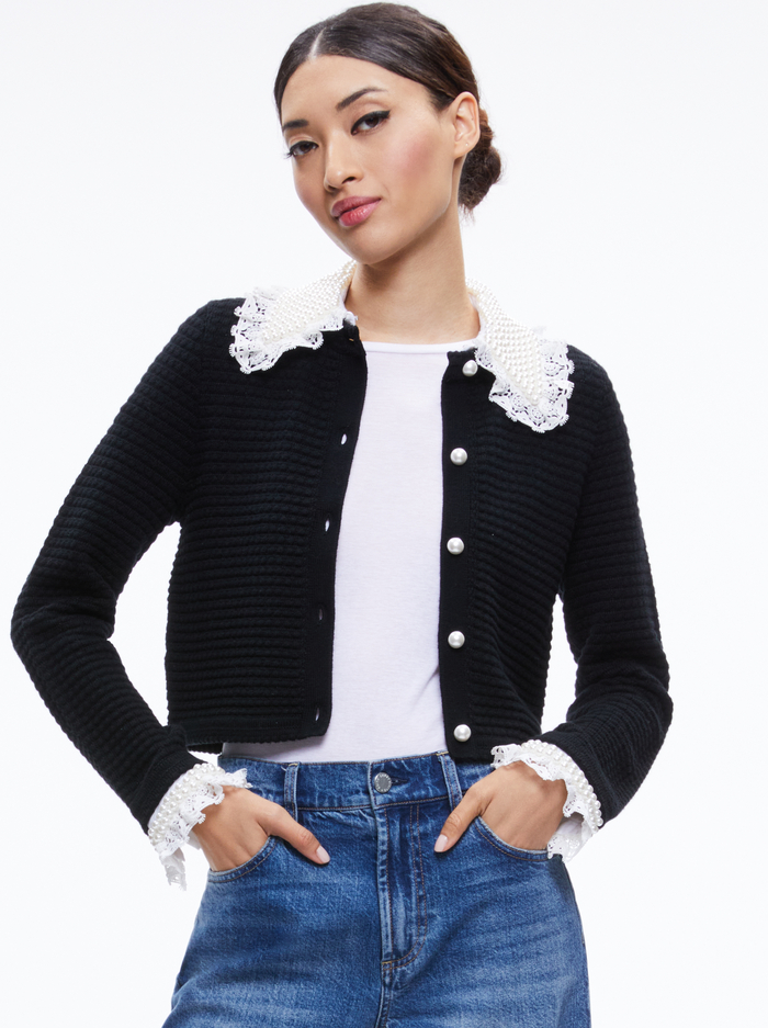NOELLA EMBELLISHED COLLARED CARDIGAN - BLACK - Alice And Olivia