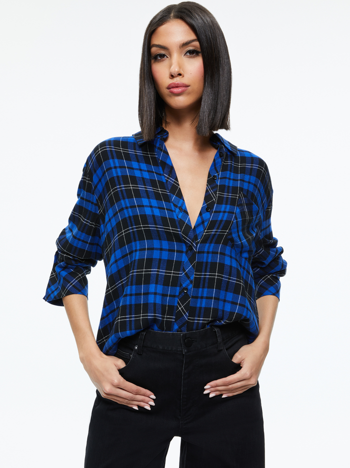 FINELY FLANNEL BUTTON DOWN - SCHOOLGIRL PLAID SAPPHIRE - Alice And Olivia
