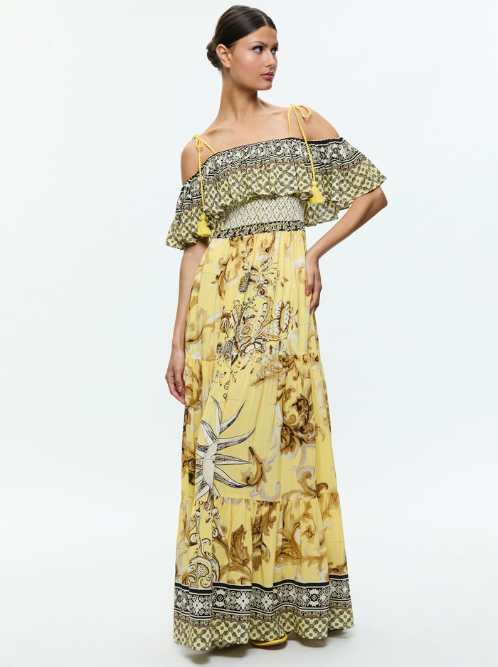 KIA OFF THE SHOULDER TIERED MAXI DRESS - LISBOA LEMON MERINGUE image 4 - Alice And Olivia