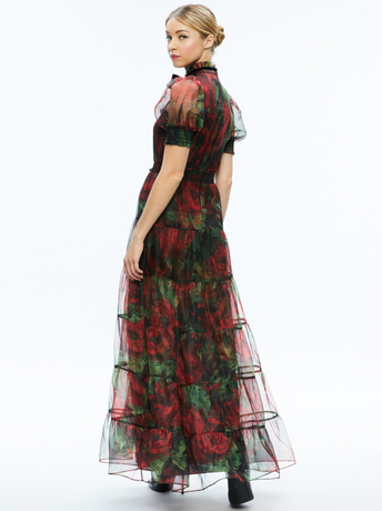 CLOUD FLORAL BORDEAUX LG-COLETTA BOW NECK BUTTON FRONT MAXI DRESS