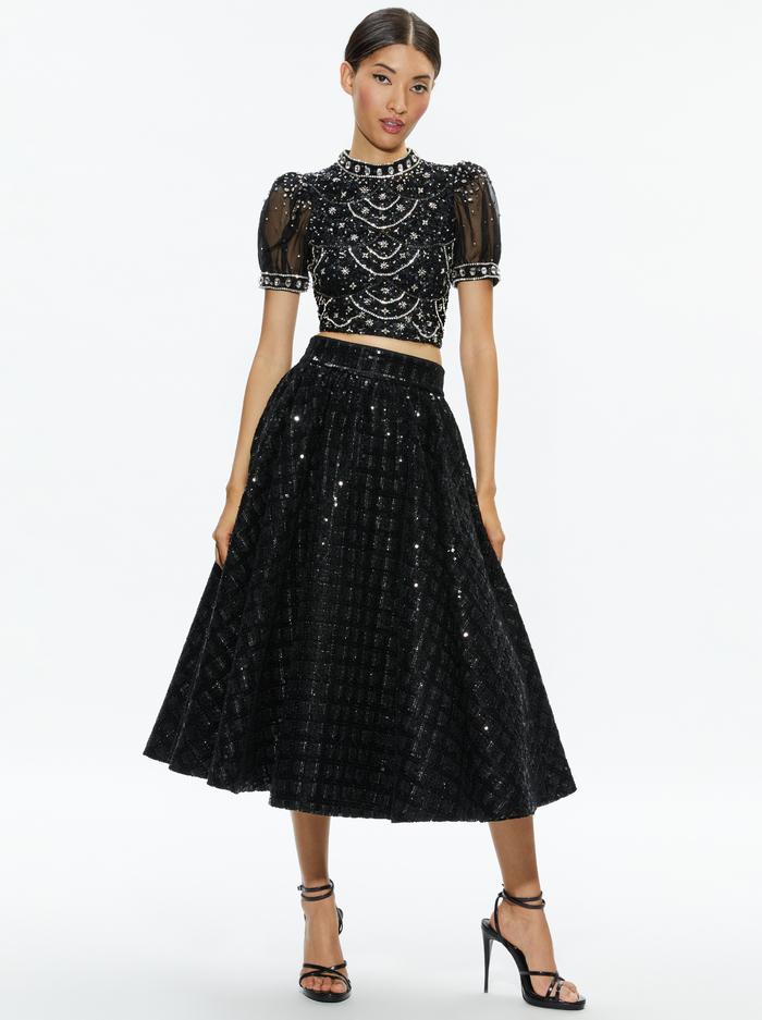 KRISTINA EMBELLISHED PUFF SLEEVE CROP TOP - BLACK/MULTI image 2 - Alice And Olivia
