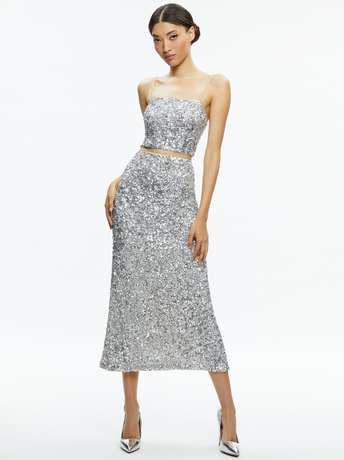 CERESI SEQUIN BANDEAU CROP TOP + MAEVE SEQUIN SLIP SKIRT