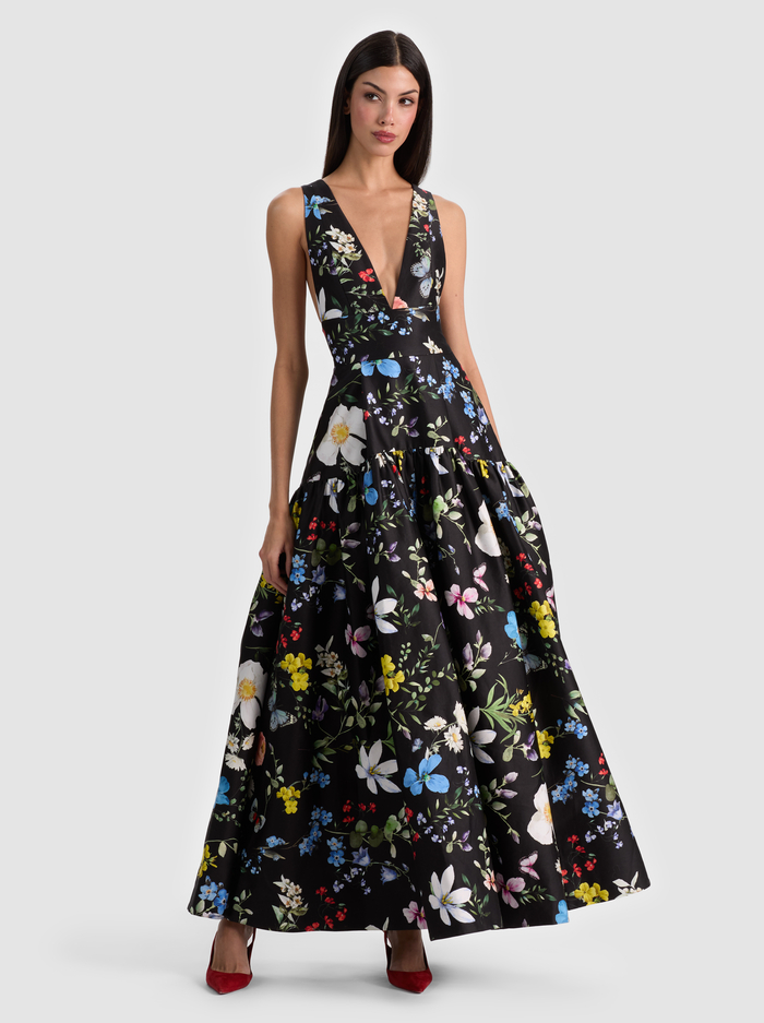 LILA STRUCTURED BALLGOWN - TWISTING VINES BLACK - ALICE + OLIVIA