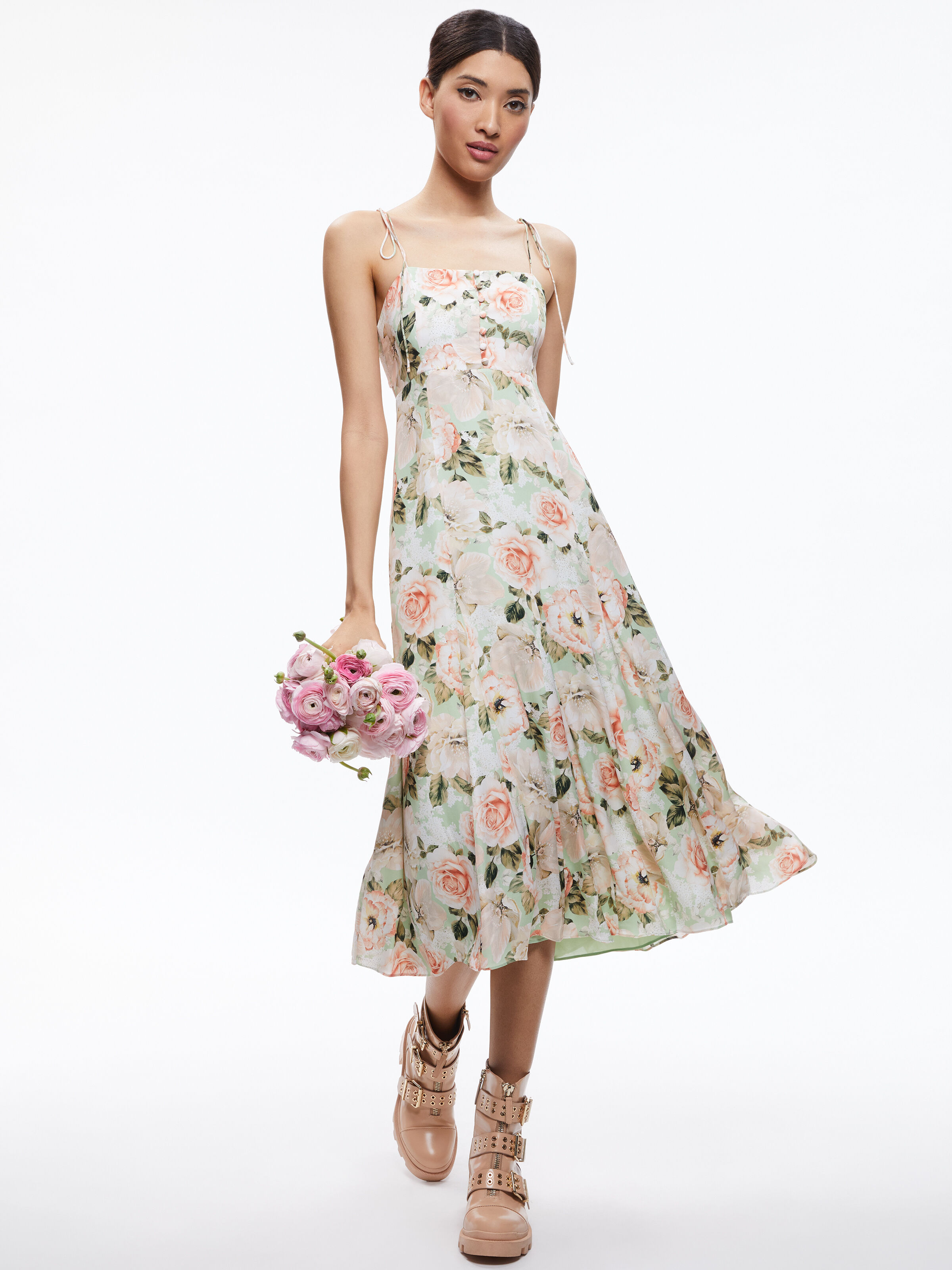 Lorelle Godet Skirt Midi Dress In Morningside Floral Pistachio