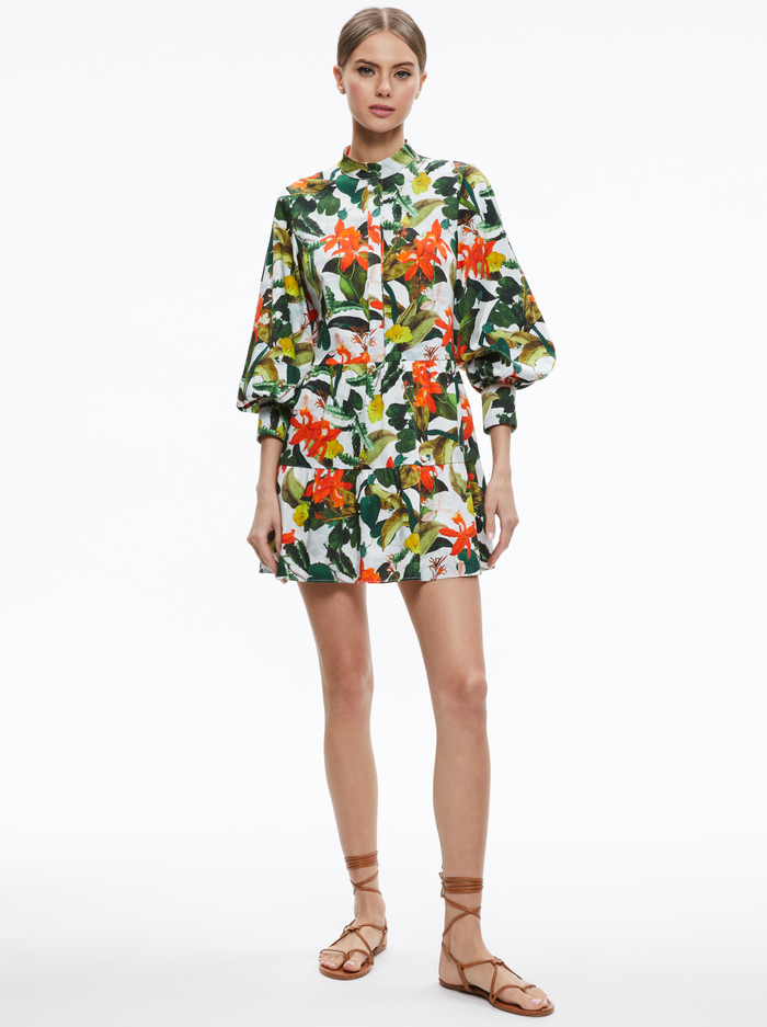 CAILIN BUTTON FRONT BLOUSON SLEEVE MINI DRESS - TROPICAL SUNRISE OFF WHITE - Alice And Olivia