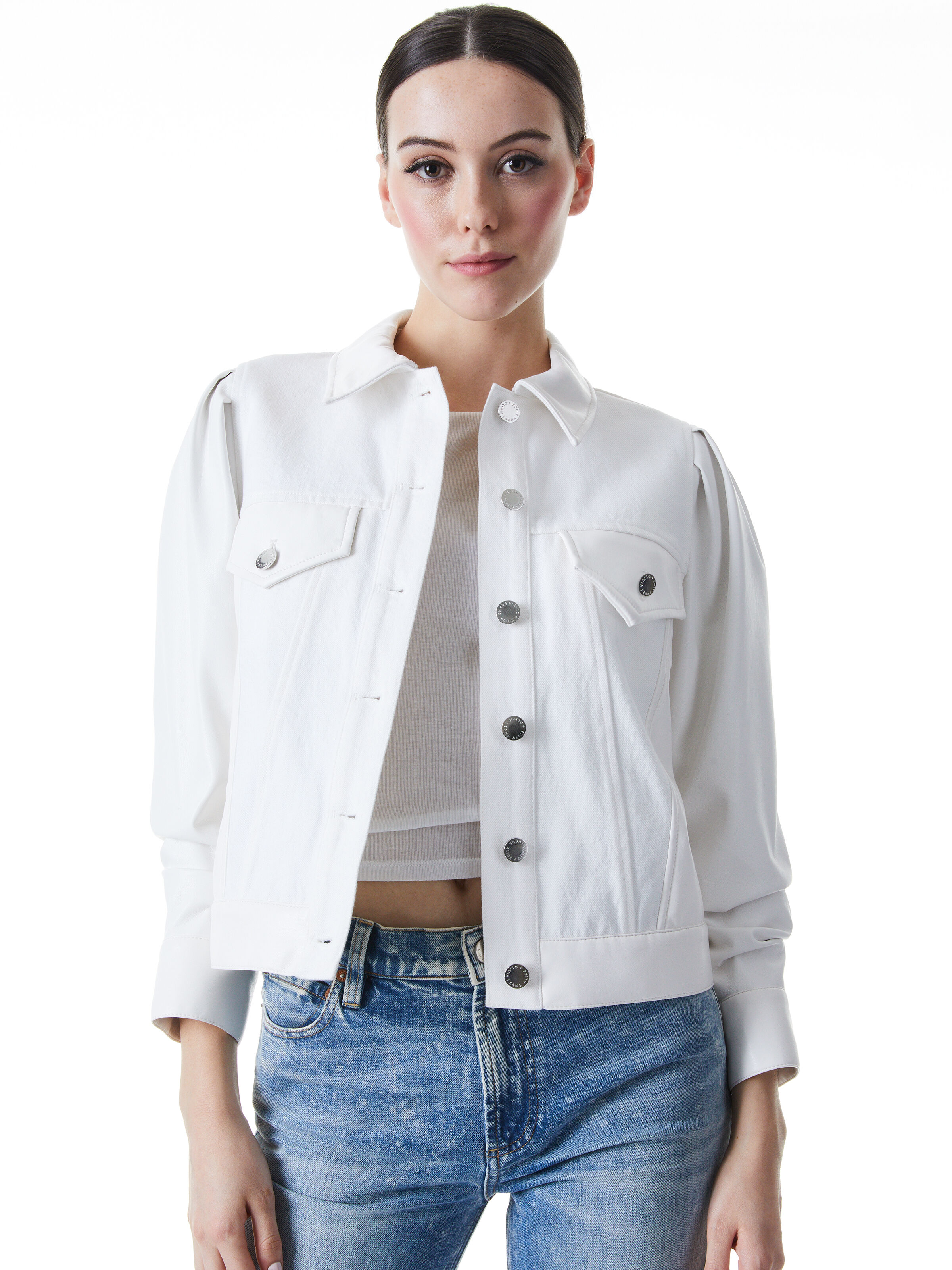 Alice and olivia white leather jacket top