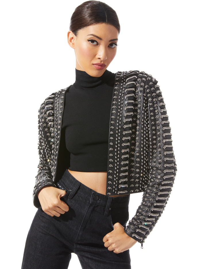 ZETA EMBELLISHED LEATHER CROPPED JACKET - BLACK - Alice And Olivia