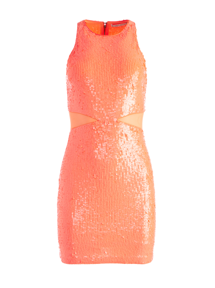 CARA SEQUIN MESH CUT OUT MINI DRESS - BRIGHT CORAL image 5 - Alice And Olivia