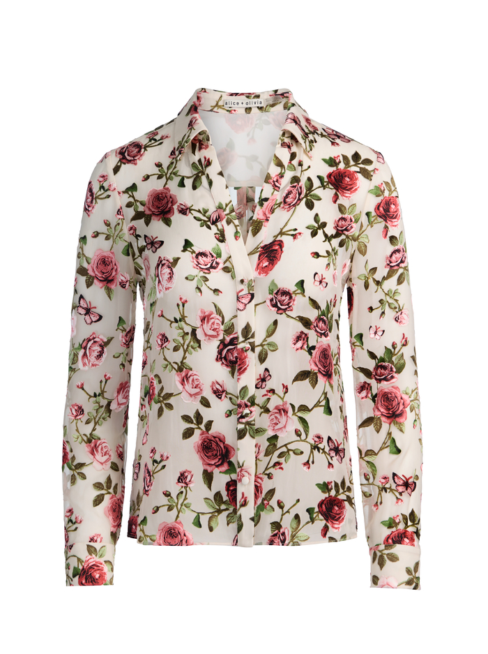 ELOISE BUTTON DOWN BLOUSE - GARDEN GOSSIP OFF WHITE image 5 - ALICE + OLIVIA