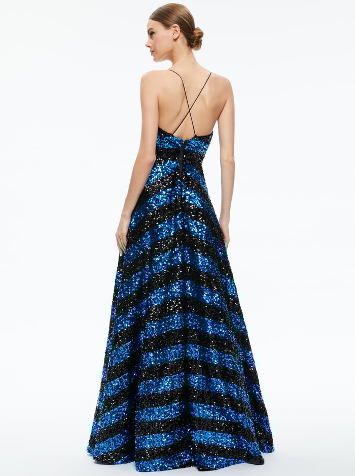DOMENICA SEQUIN GOWN DRESS - SAPPHIRE/BLACK STRIPE image 1 - Alice And Olivia