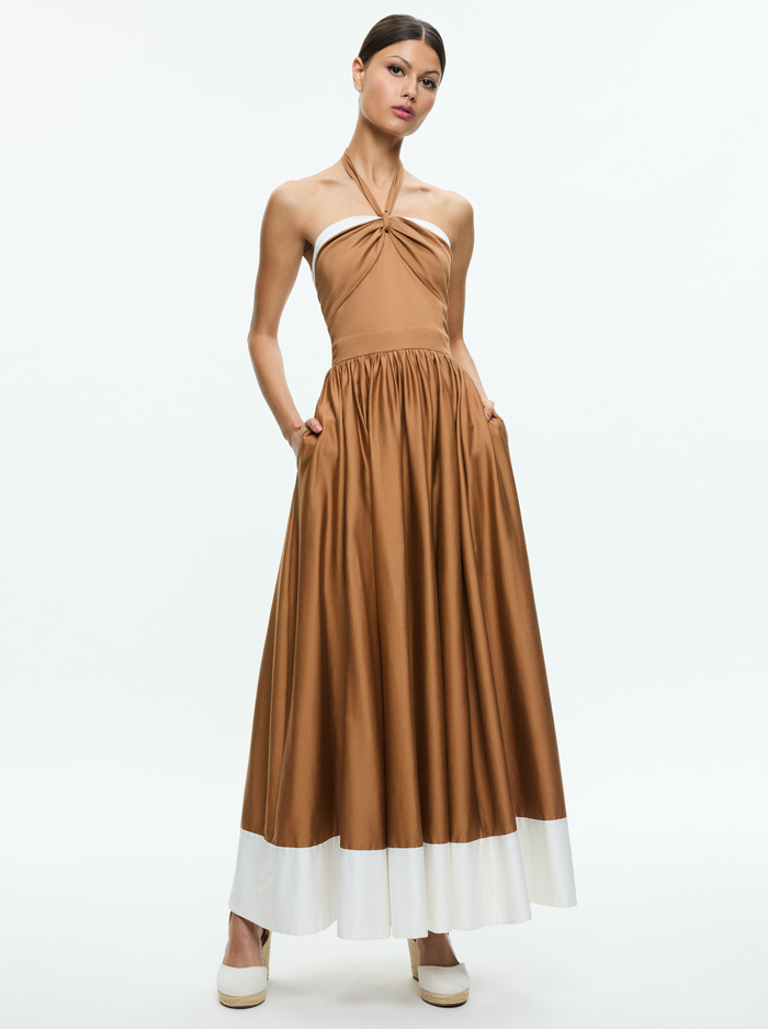 BEATRIX SWEETHEART TIE NECK DRESS - TAN/VANILLA - Alice And Olivia