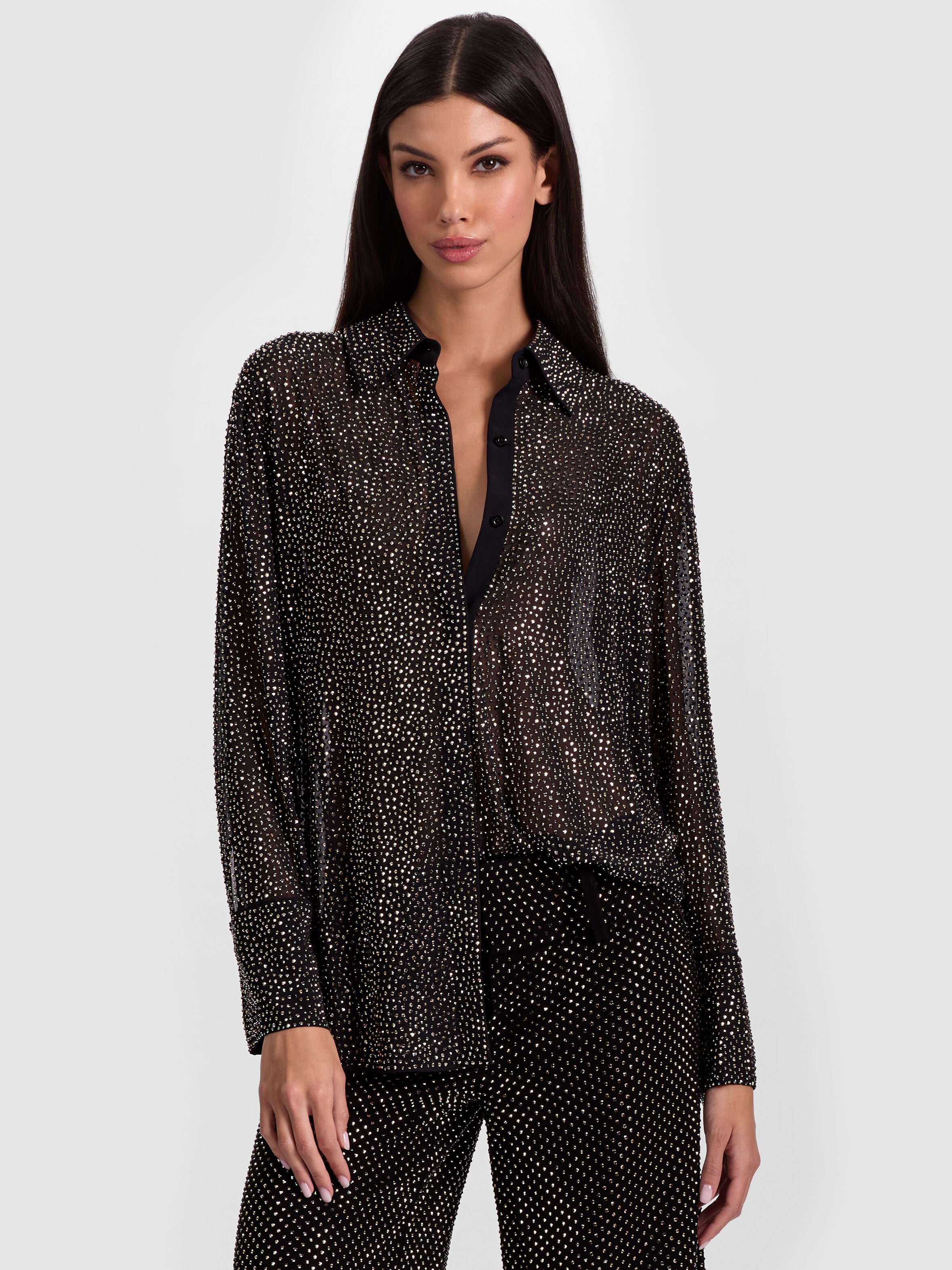 FINELY EMBELLISHED OVERSIZED BUTTON DOWN in BLACK | ALICE + OLIVIA