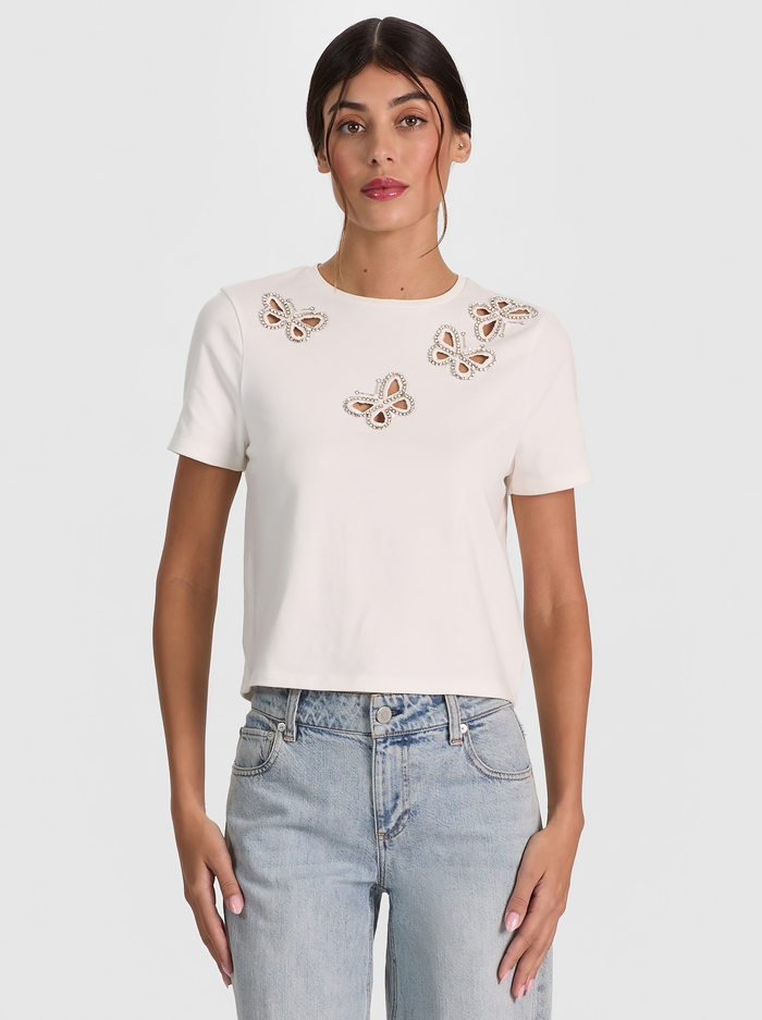 CINDY EMBELLISHED CUTOUT TEE - OFF WHITE/SILVER CRYSTAL - ALICE + OLIVIA