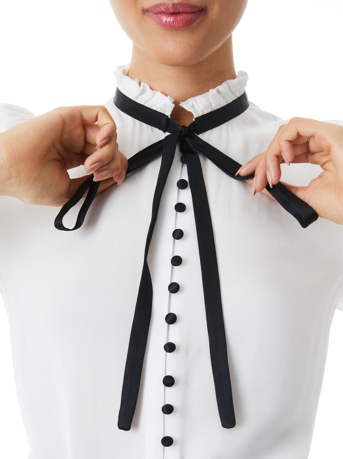 ZINA BUTTON DOWN NECK TIE BLOUSE - OFF WHITE/BLACK image 3 - Alice And Olivia