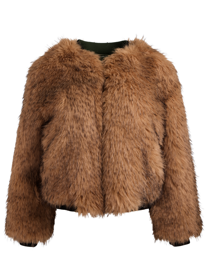 BECKY REVERSIBLE FAUX FUR BOMBER JACKET - DARK OLIVE/CAMEL image 6 - Alice And Olivia