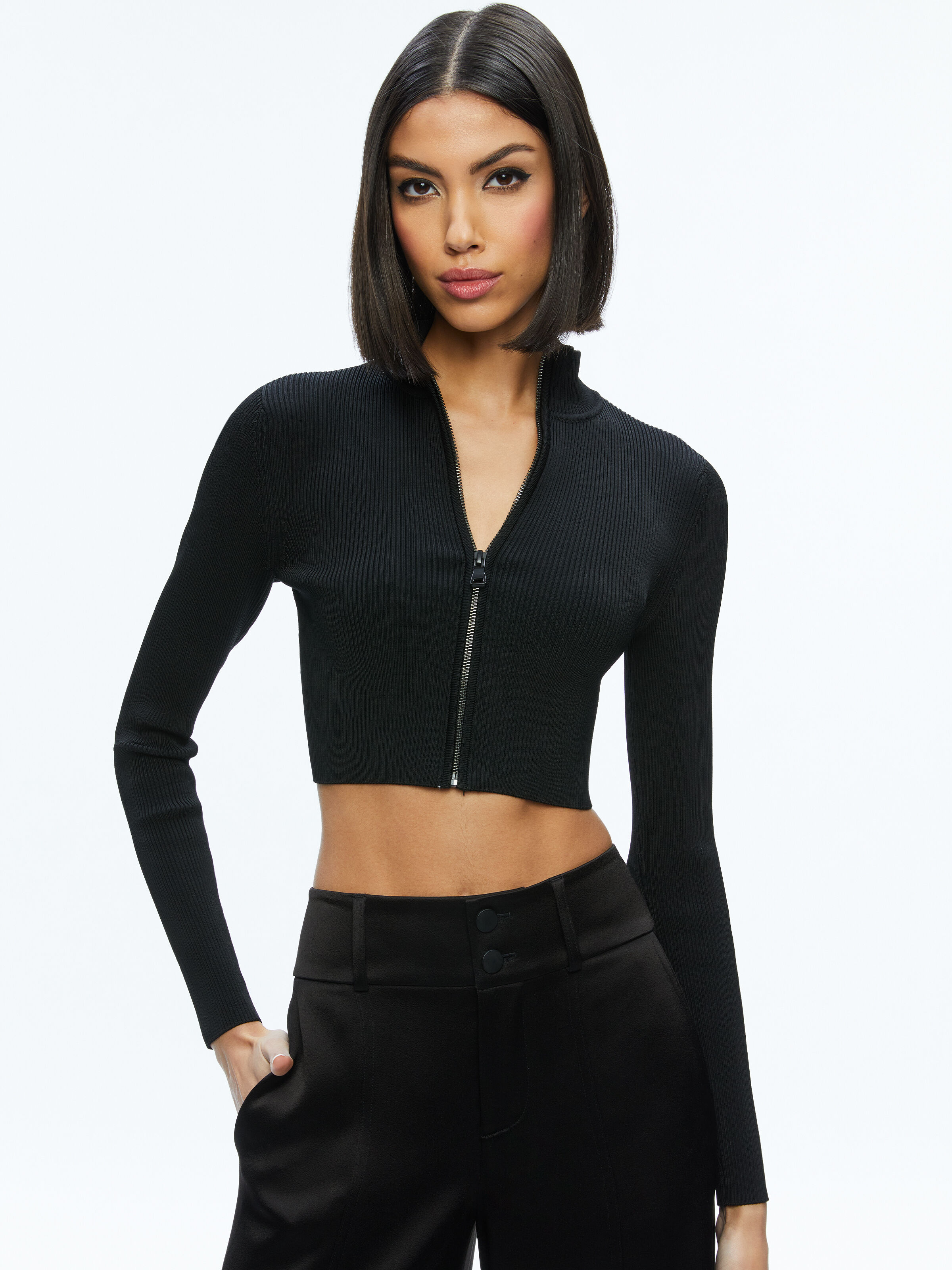 Dorris Ribbed Zip Up Cardigan In Black Alice Olivia