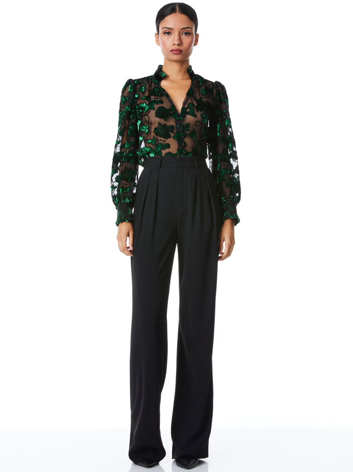 ZINA SHEER BUTTON DOWN BLOUSE - BLACK/EMERALD image 2 - Alice And Olivia